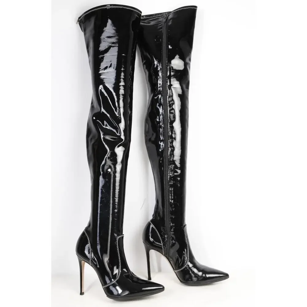 Gianvito Rossi Black Patent Leather Over The Knee OTK Stiletto Boots 36.5 / 6.5